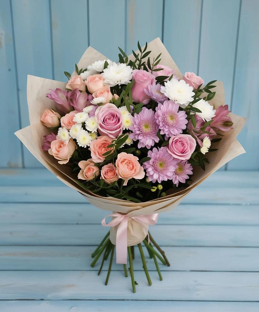 Букет цветов из: Хризантемы, Розы и Альстромерии в Белое