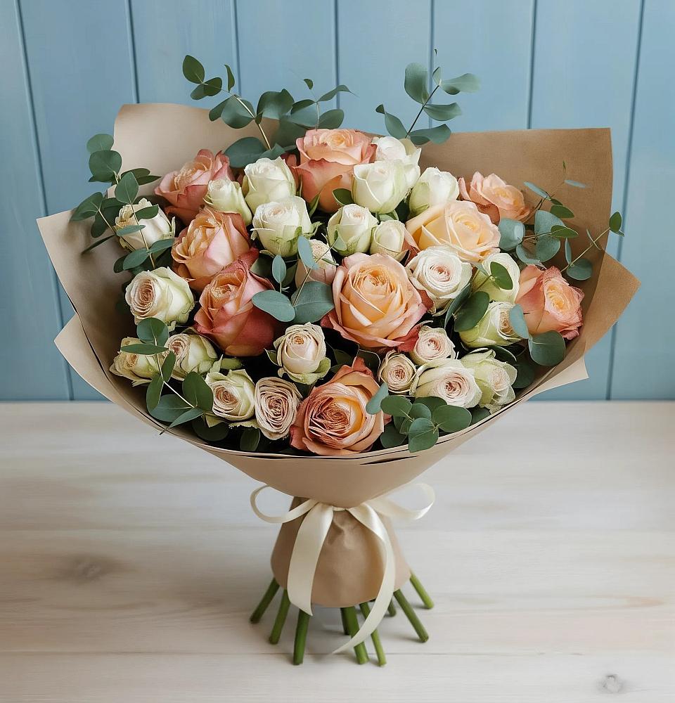 Букет цветов из: Альстромерии и Розы в Белое