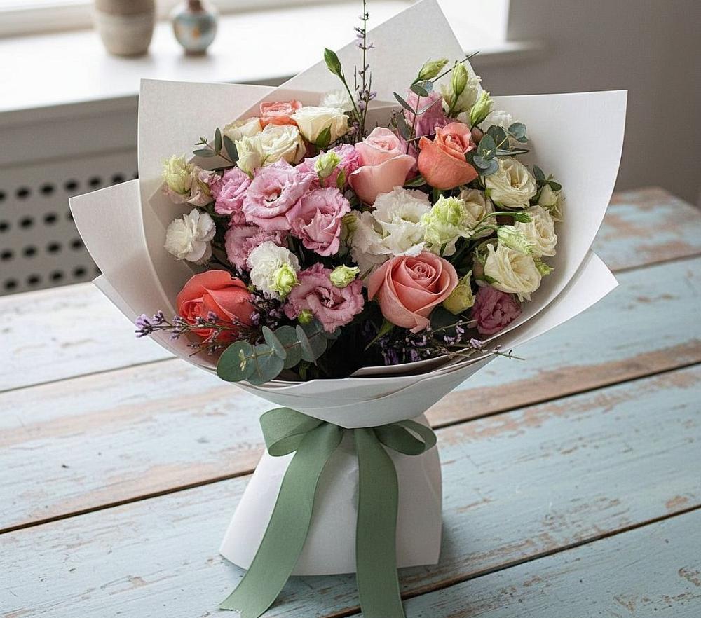 Букет цветов из: Розы, Лизиантусы и Гвоздики в Белое