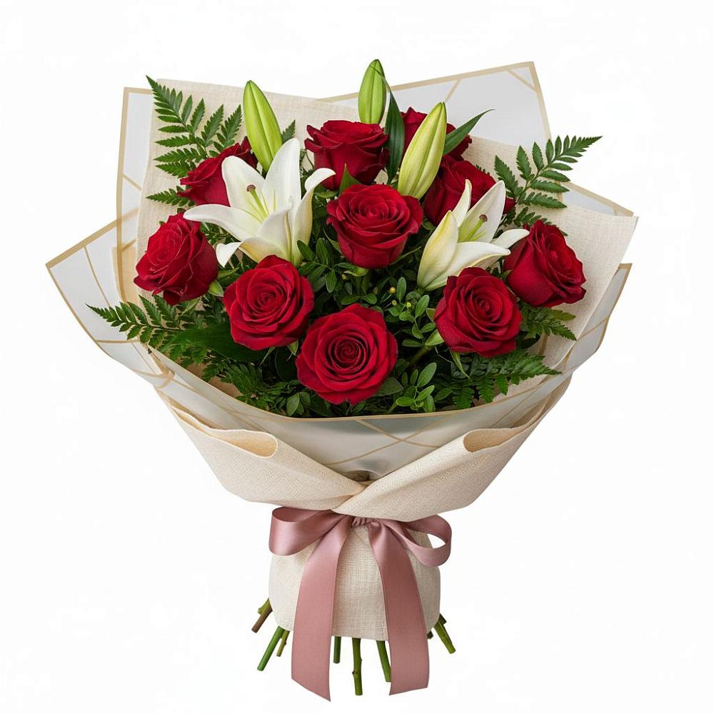 Букет цветов из: Лилии и Розы в Белое