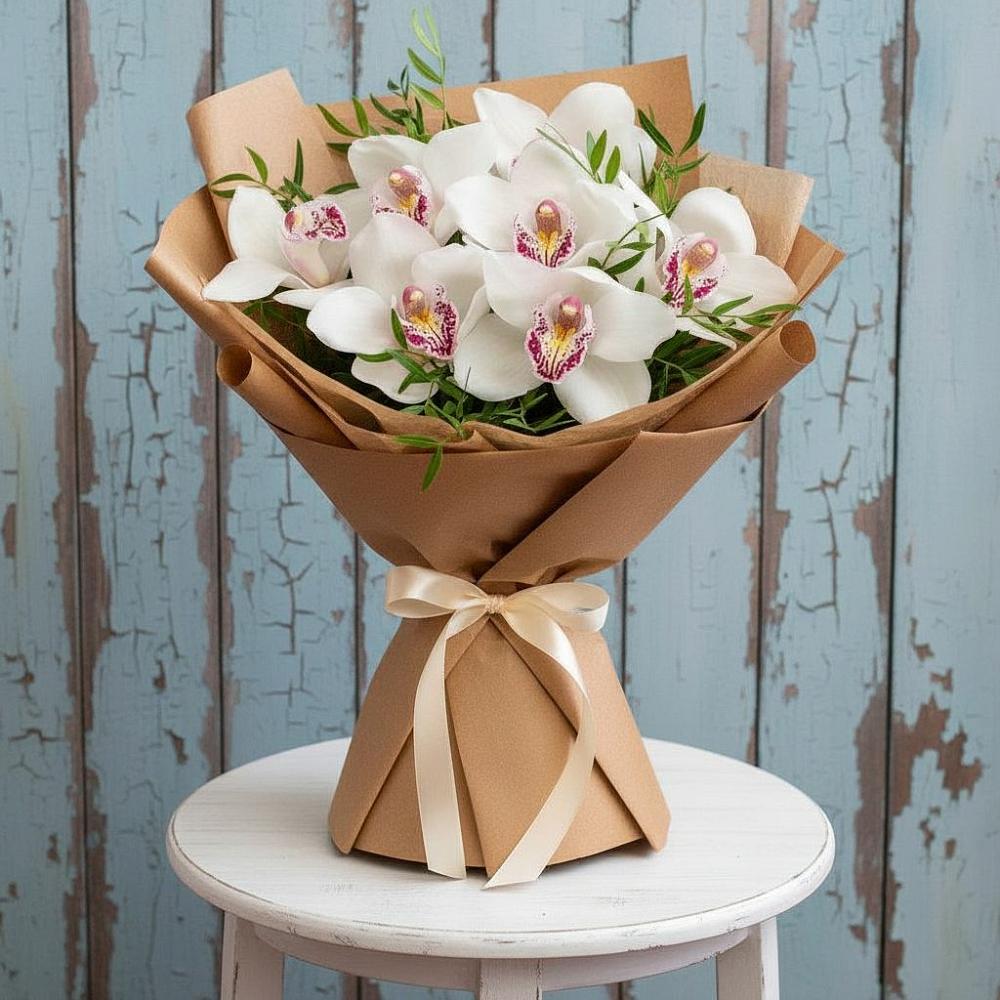 Букет цветов из: Орхидеи и Розы в Белое