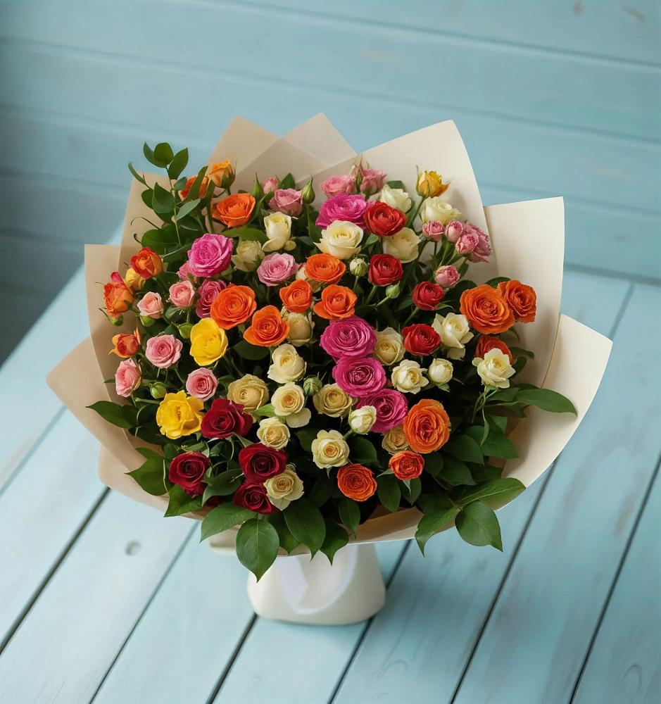 Букет Микс из разноцветных кустовых роз в Белое