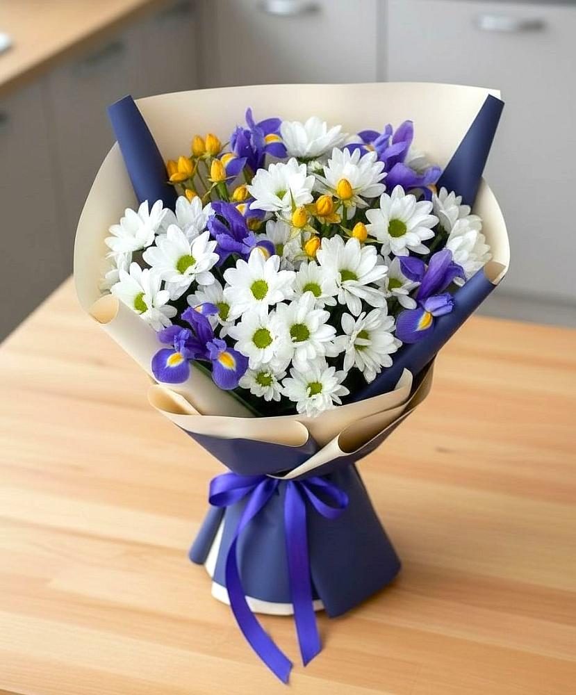 Букет цветов из: Розы, Ирисы и Хризантемы в Белое