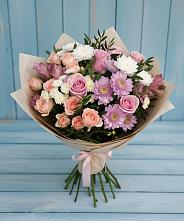 Букет цветов из:  Хризантемы, Розы и Альстромерии #REPLACE_PRED# Белое