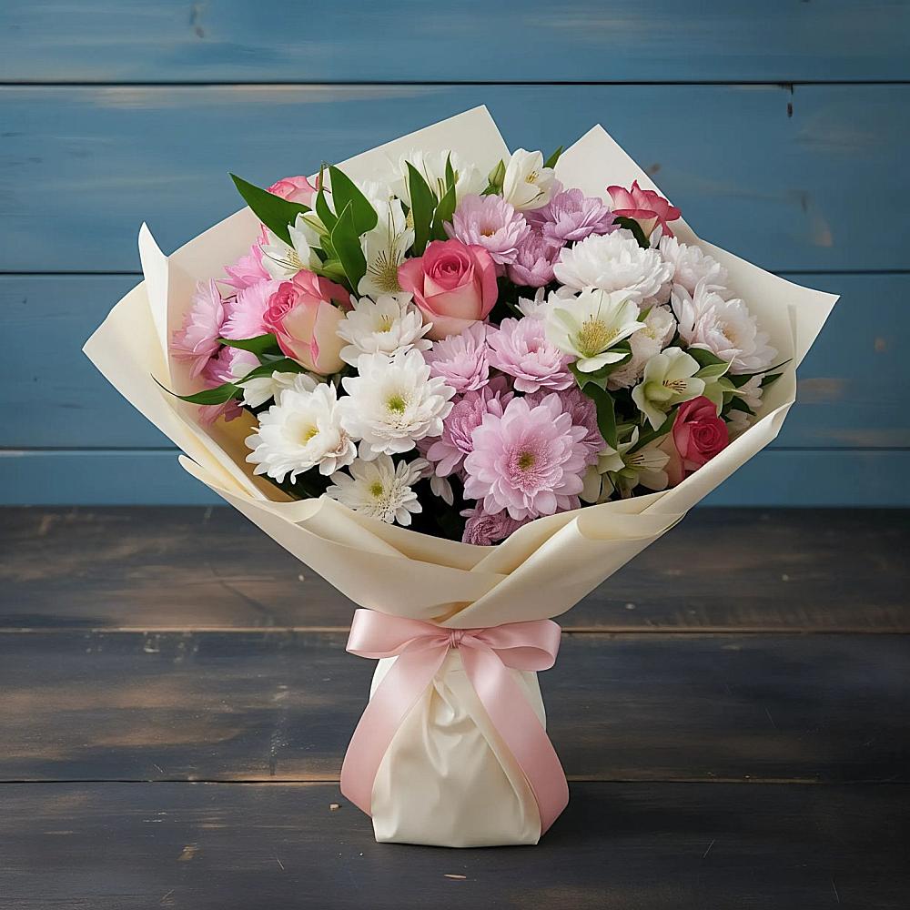 Букет цветов из: Хризантемы, Альстромерии и Розы в Белое